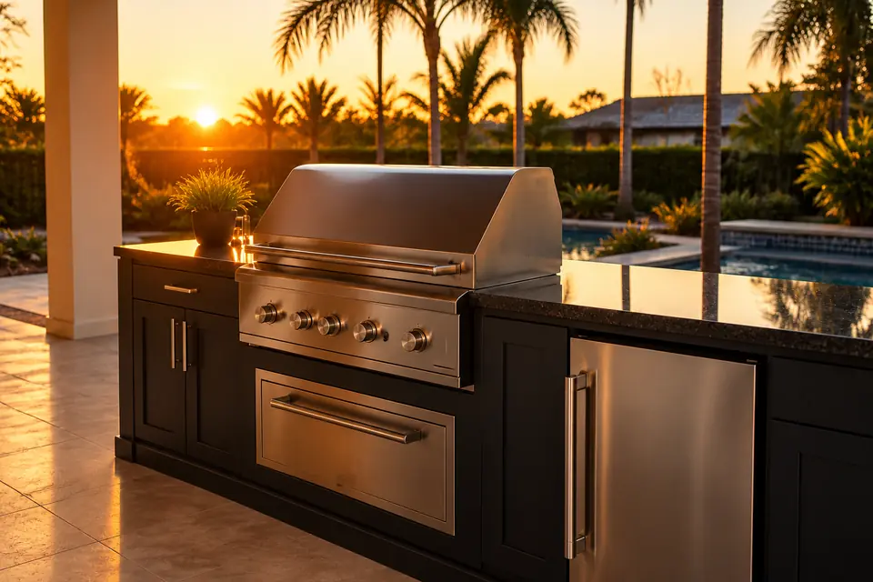 Built-in stainless steel grill in an outdoor kitchen at sunset